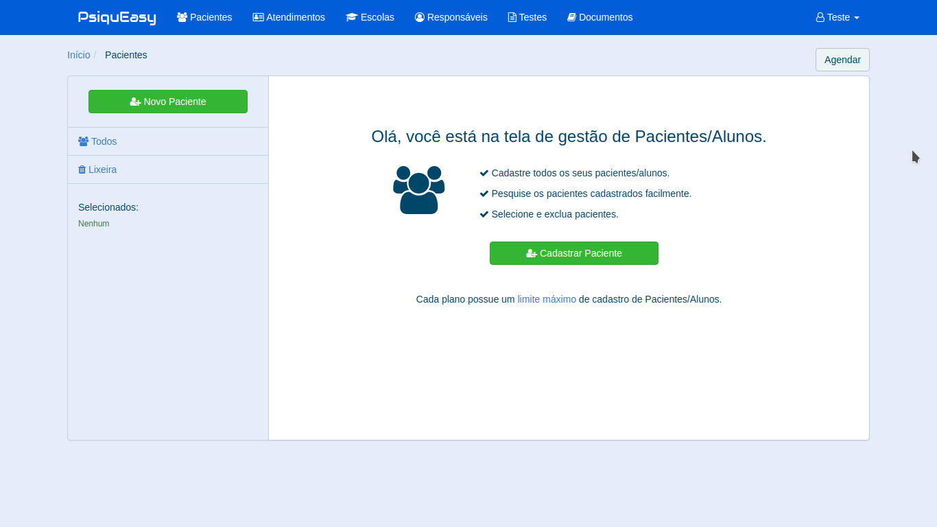 Sistema psicopedagógico tela de pacientes PsiquEasy