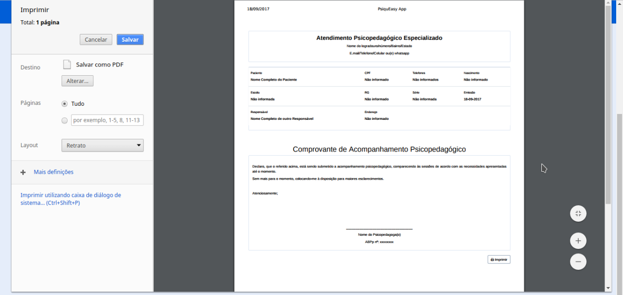 Sistema Gera comprovante de atendimento psicopedagógico PsiquEasy