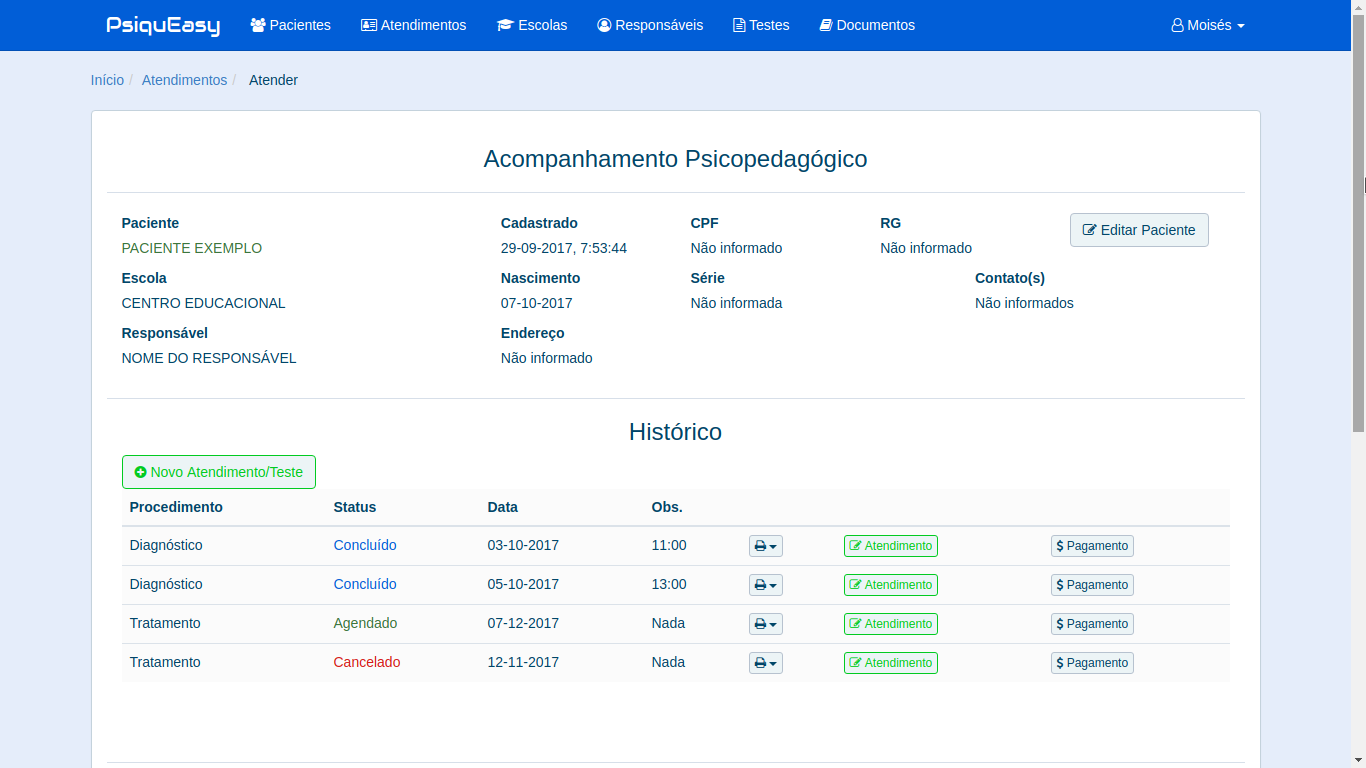 Tela para Controle de atendimentos Psicopedagógicos PsiquEasy