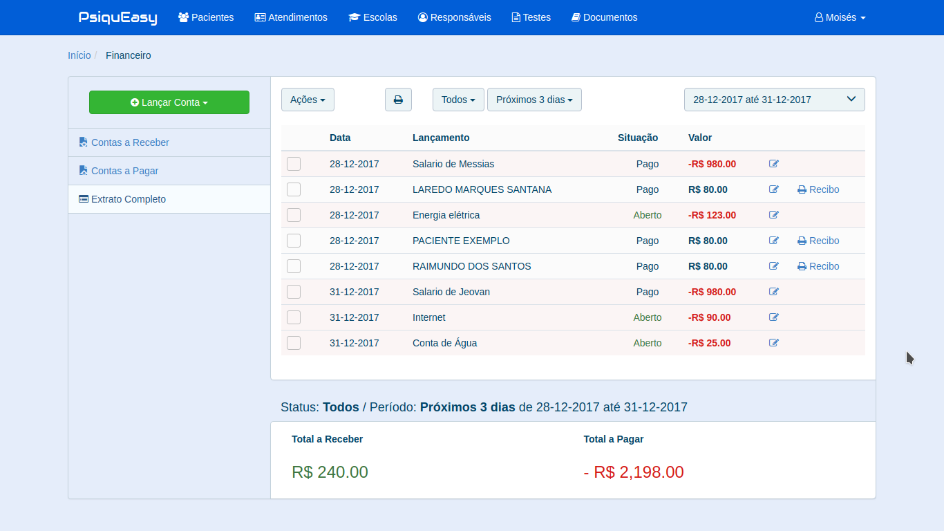 Controle Financeiro para Clínica Psicopedagógica - Tela PsiquEasy